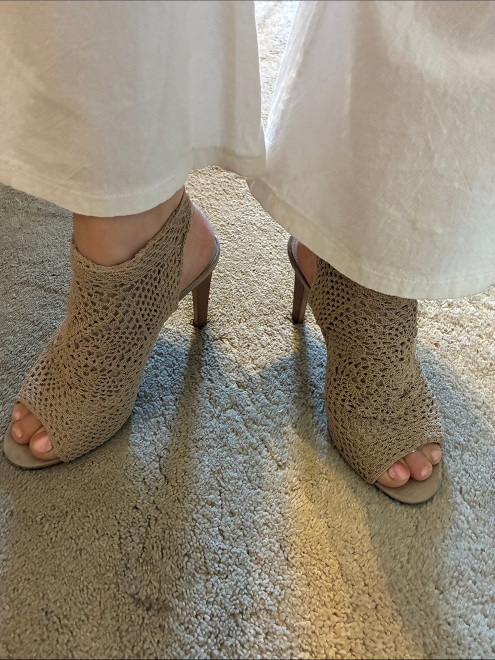 Vince Camuto Beige Crochet Peep-Toe Heels